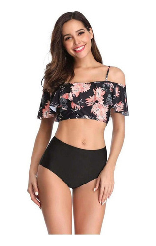 Dama Trajes De Baño Solid Floral Talle Alto Mujer Bikini