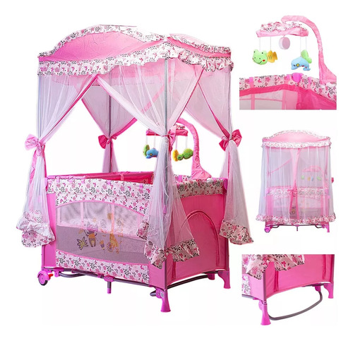 Corral Bebe Toldo Cuna Movil Mosquitero Plegable 3 Colores Color Rosa
