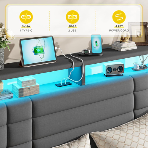 Base De Cama Matromial Con Estacion De Carga Y Luz Led Gris Gris