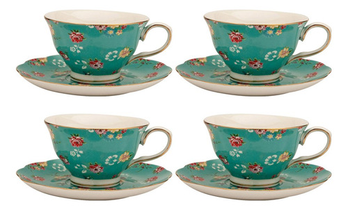 Gracie China Shabby Rose - Juego De 4 Tazas De Té Y Platil.