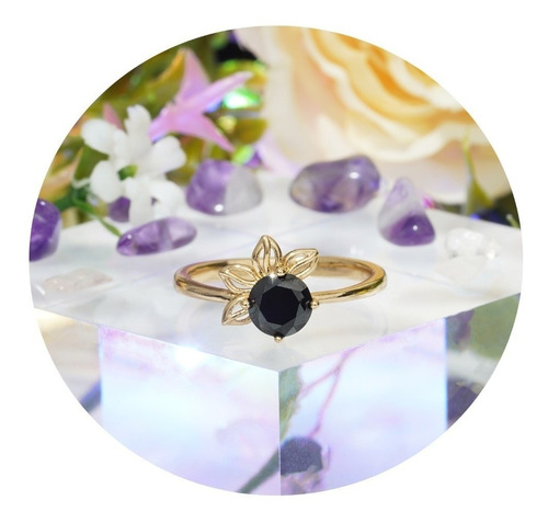 Anillo Compromiso Oro 24k Diseño Estilo Flor Ónix Negro     