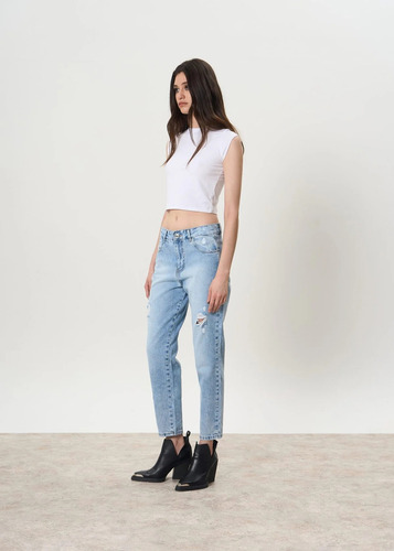 Pantalón Mom De Jean Rígido Con Roturas -miller-tiro Medio