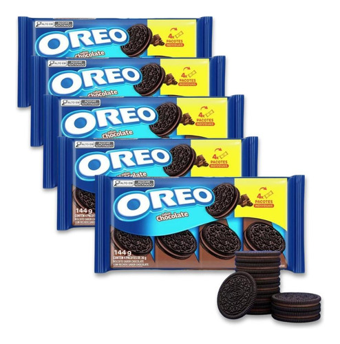 Biscoito Oreo Recheado Chocolate Kit 5 Packs De 144g