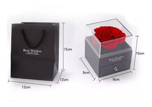 Rosa Real Eterna Y Collar Con Dije, Caja De Acrilico Color Azul