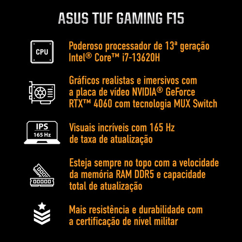 Notebook Asus Tuf Gaming F15 I7 Rtx4060 16ram 512ssd W11