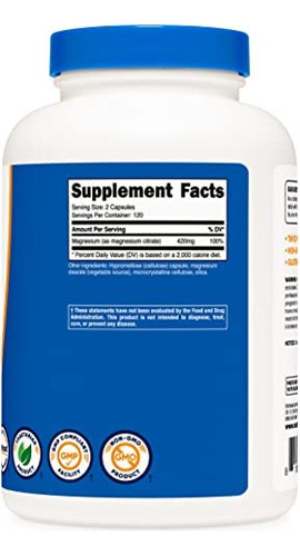 Citrato De Magnésio Nutricost 420 Mg, 120 Porções (210 Mg P