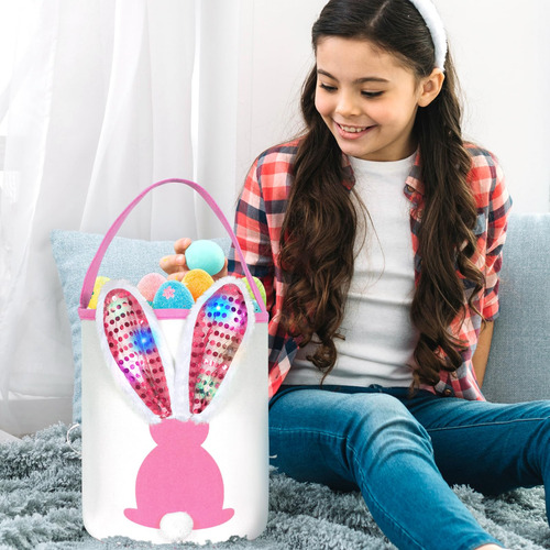 Cesta De Conejo De Pascua Grande Con Luces Rosa