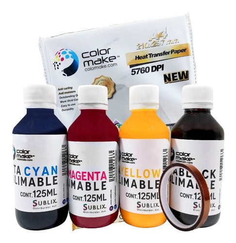 Kit 4 Tintas Sublimación Colormake Cmyk 125ml Papel A4 Cinta