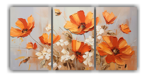 150x75cm Pintura Mural De Flores En Tonos Naranja Y Dorado S