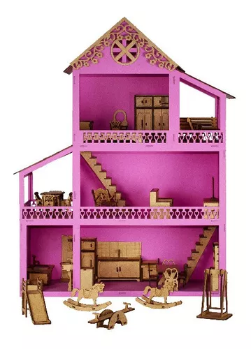 Casinha de Boneca Madeira MDF Brinquedo Criança Barbie Rosa + BRINDE