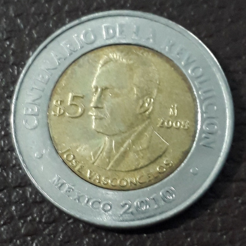 Moneda México $5 José Vascocelos 2008. Centenario Revolución (Usado)