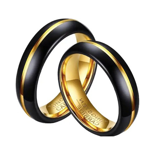 2 Anillos Tungsteno Negro Y Oro 18k Matrimonio Con Estuche 