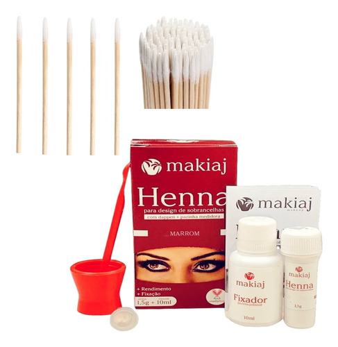 Henna Fixador Makiaj Sobrancelha + 100 Aplicadores De Rena Cor Marrom