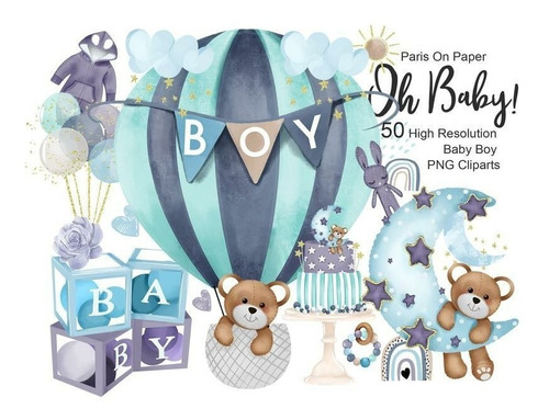 Papeles Digitales - Oh Baby Boy - Osito En Globo - Clipart