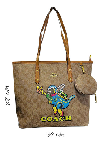 Bolsa De Dama Totebag Con Monedero Caqui Dinosaurio Oro