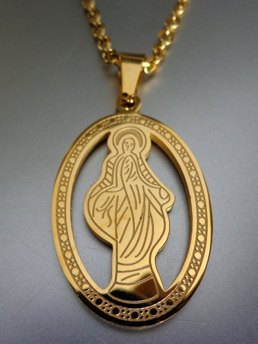 Virgen Milagrosa En Medalla De Acero Dorado Calado Y Cadena