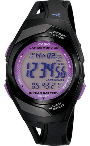 Reloj Casio Runner Eco Friendly Lady Original Time Square Color de la correa Negro Color del bisel Morado Color del fondo Transparencia azul