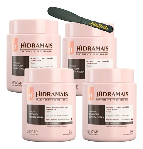 4un Creme Massagem Pimenta Negra 1kg Hidramais+ Espátula