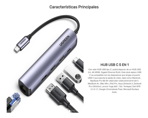 Hub Ugreen Usb-c 5 En 1 - 2 X Usb 3.0 - 1 X Hdmi - 1 X Rj45
