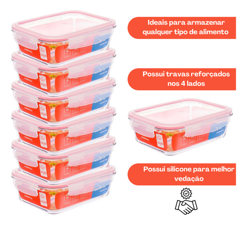 Kit C/6 Pote Hermético 1,52 Litros Retangular Vidro Invicta