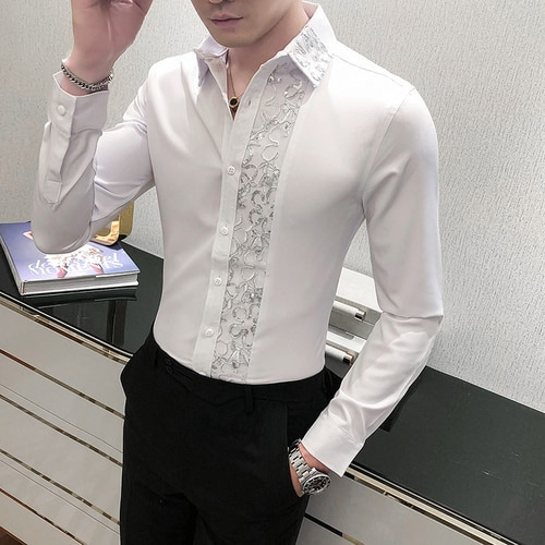 Camisa De Encaje Con Patchwork Para Hombre, Manga Larga, Cor