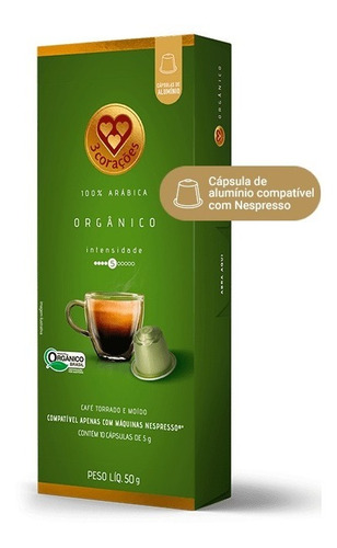 Cápsula Orgânico Comp. Nespresso 3 Corações Tres 10un