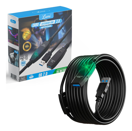 Cabo Extensor 20m 3,0 Preto Com Entrada Usb E Saída Usb Lumi