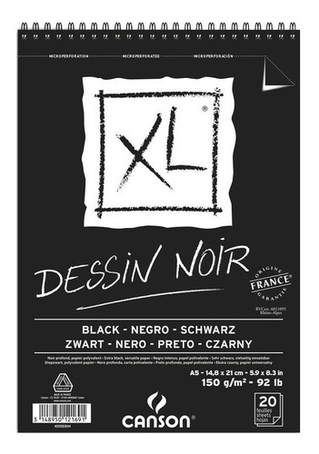 Block A5 Canson Xl Dessin Noir Black 20 Hojas 150gr Espiral