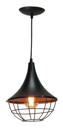 Luminaria Pendente Funil 24 Cm C\ Grade Preto C\ Cobre