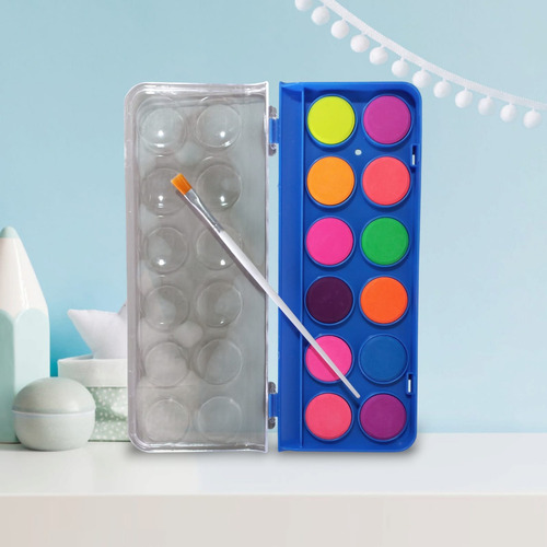 Estojo De Aquarela Pastilha 12 Cores Neon Com Pincel Escolar