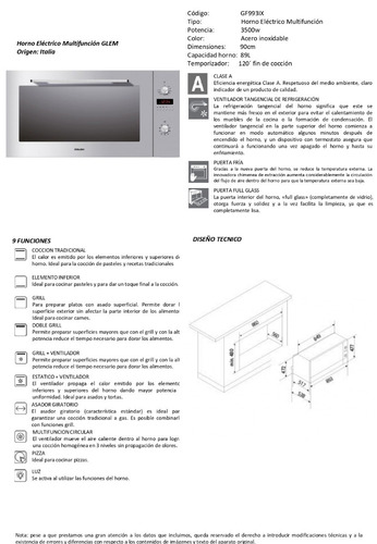 Horno Eléctrico Glem Multifunción 90cm - Gf993ix - Italiano