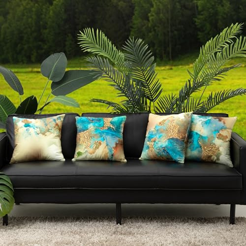 Set De 4 Fundas Almohada Abstractas Doradas Azul Y Verde, De