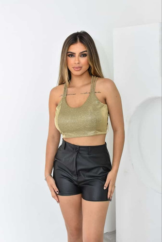 Conjunto Shorts Em Couro Sintético E Top De Lurex Trançado