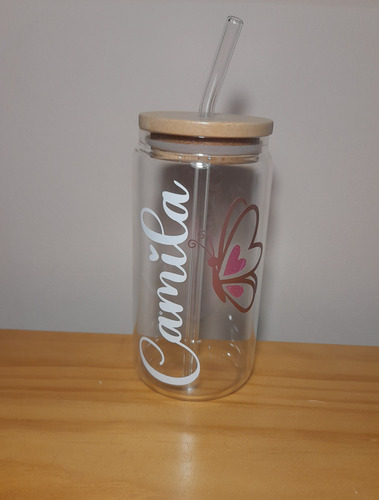 Vaso Jarro De Vidrio Con Sorbito Y Tapa Bambú Personalizado.