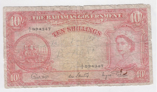 Billete Bahamas 10 Shillings 1953 Reina Elizabeth Ii (c85)