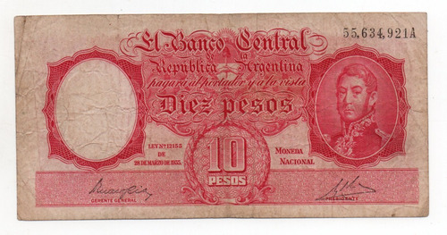 Billete Argentina 10 Pesos Moneda Nacional Bottero 1934