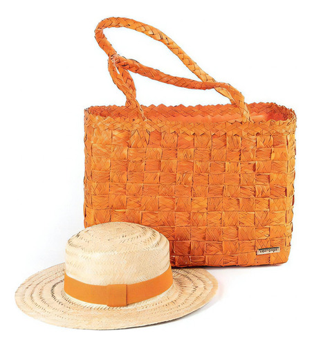 Kit Bolsa Feminina Bahamas Palha + Chapéu Feminino Casual Cor Laranja