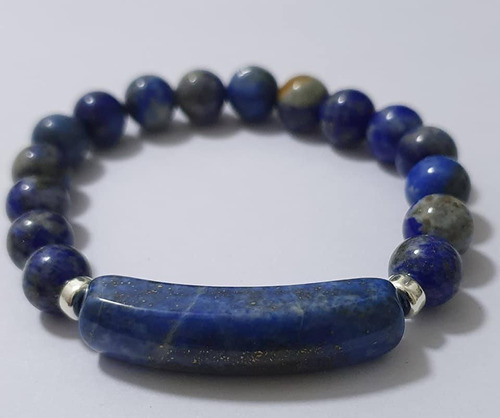   Pulsera Lapislazuli Bolitas Plaquita Elastizada Plata 925 