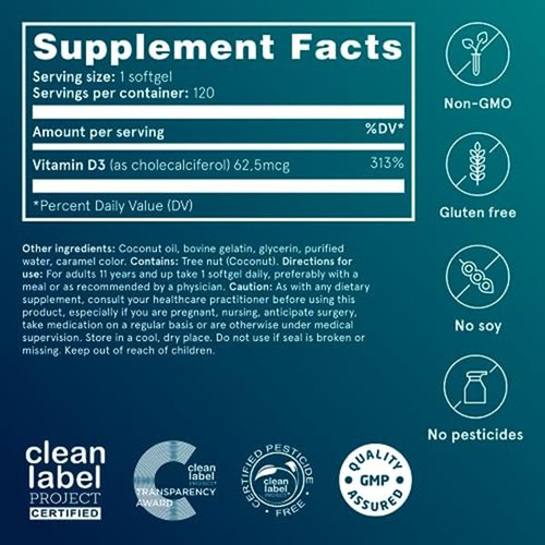 Puori Vitamina D3 2500 Ui Con Aceite De Coco 120 Cápsulas