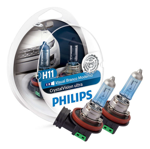 Par Lâmpada H11 Super Branca Philips Crystal Vision Ultra