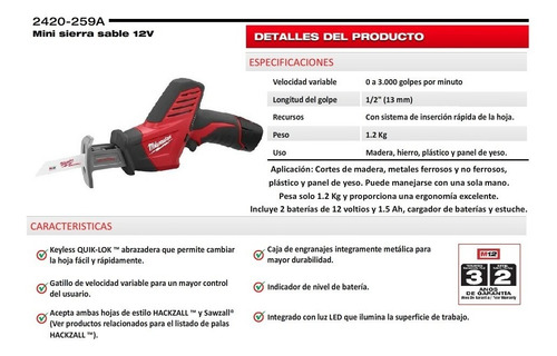 Sierra Sable Milwaukee Inalambrica Bateria 12 V 2420-259a