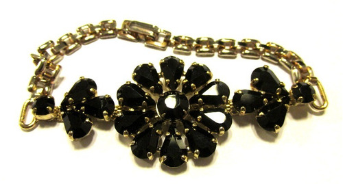 Pulsera/vintage Dorada/cristales Negros Forma Flor/estuche