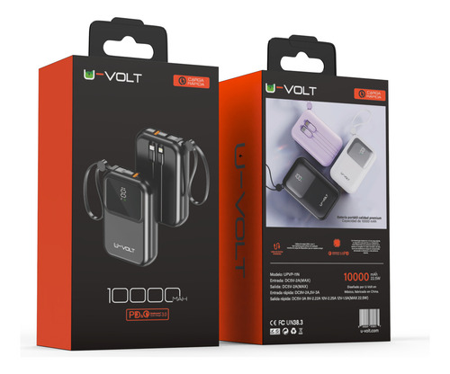 Power Bank Batería Portátil 10000mah Carga Rápida 22.5w Con 3 Cables Incorporados Tipo C Iph Usb Pantalla Digital U-volt Cargador Compatible Con iPhone Samsung Motorola Xiaomi Huawei Color Negro