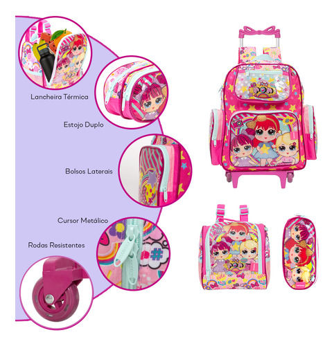 Kit Bolsa Mochila Infantil Feminina Lol Carrinho Passeio