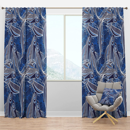 Cortinas Opacas Patrón Azul Con Fantásticos Peces Cortinas P