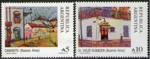 Imagen 1 de 1 de Argentina 2 Sellos Mint Pinturas: Caminito Y El Viejo Almacén (leyenda Modificada) De J. A. Cannella Año 1988 
