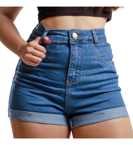 Short Jeans Feminino Com Barra Dobrada E Elastano