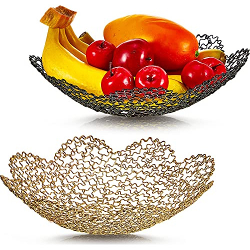 2 Pcs Fruit Bowl For Kitchen Counter Gold Black Decorat...