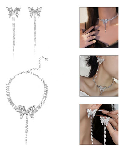 Juego De Aretes Brillantes Con Collar De Mariposa De Cristal