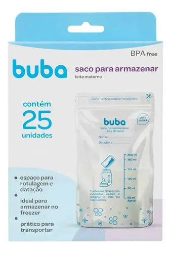 Embalagem do kit com 25 sacos para armazenar leite materno da marca Buba, exibindo um saco plástico transparente com graduação de volume e espaço para identificação.